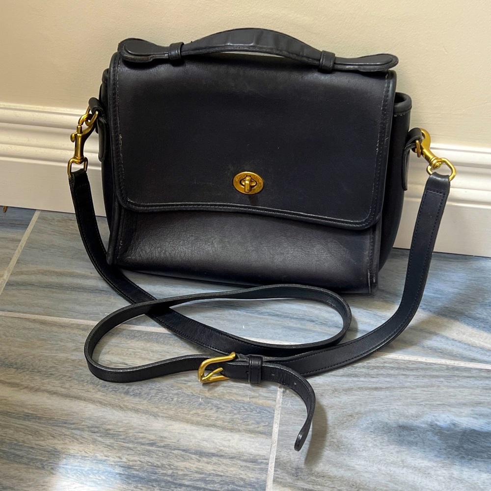 Vintage Coach Court Bag Black Leather Satchel Crossbody Handbag 9870